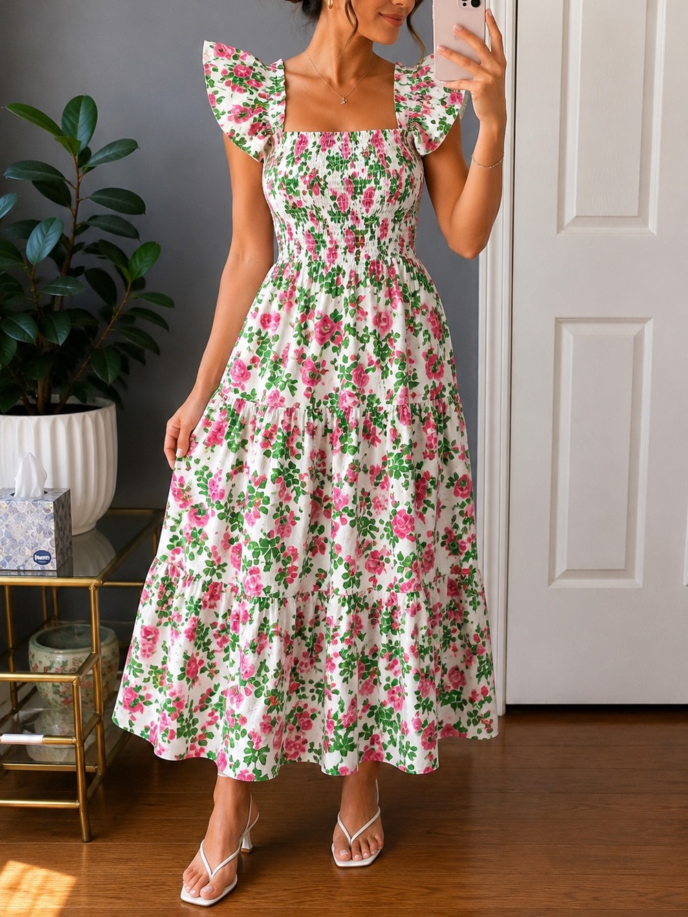 HILL HOUSE NAP DRESS Floral Smocked Sundress with Ruffled Straps - Pink & Green